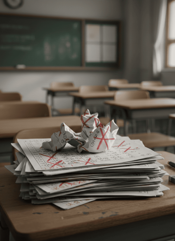 빨간 X 표시가 가득한 시험지 더미